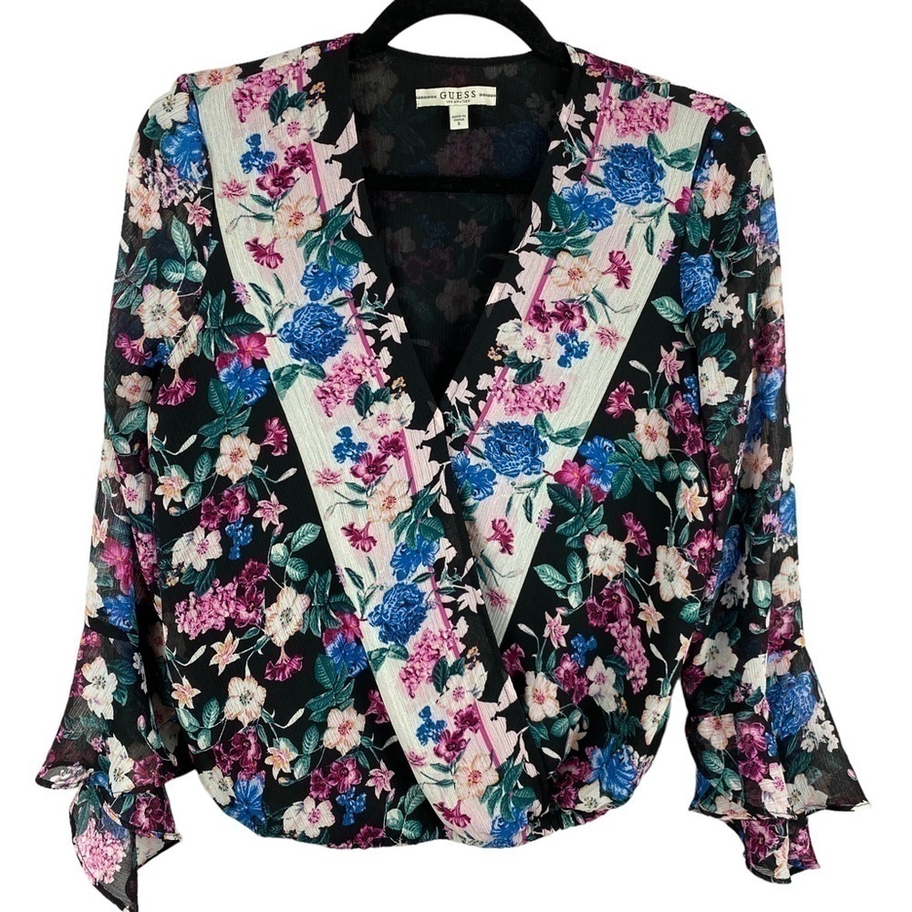 ✨3/$20✨ Guess Los Angeles Floral Faux Wrap Blouse Small Sheer Bell Sleeve Top - Picture 3 of 14